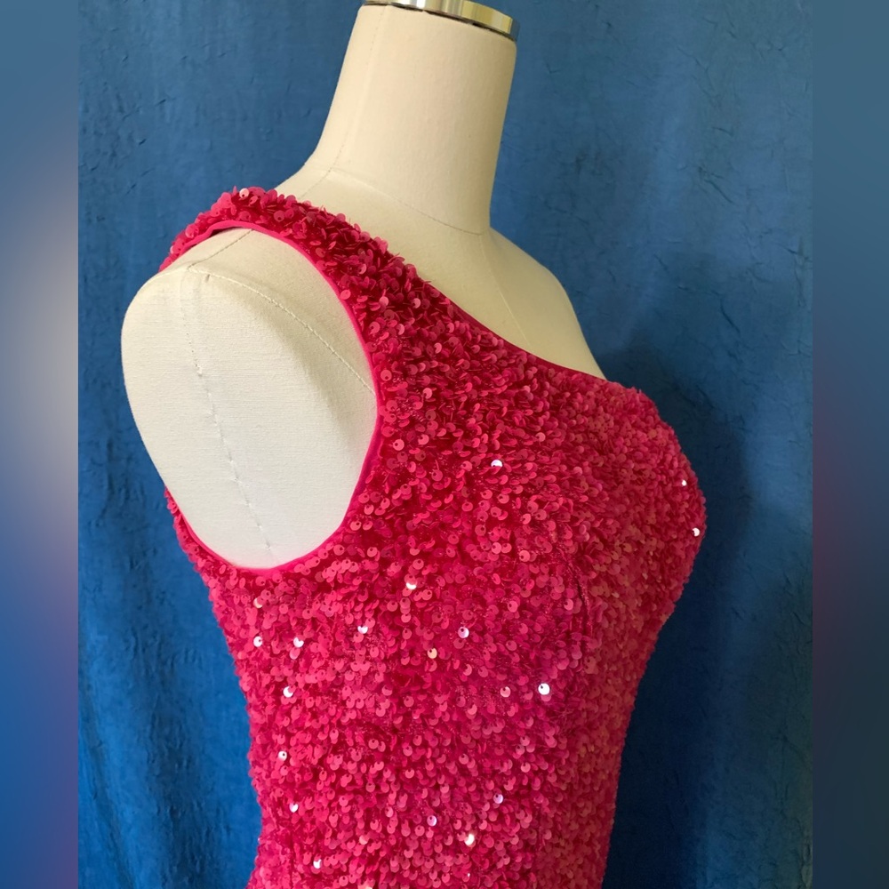 OneShoulder Column Sequin Gown Train Fuchsia Magenta Hot Pink Statement - Picture 3 of 15